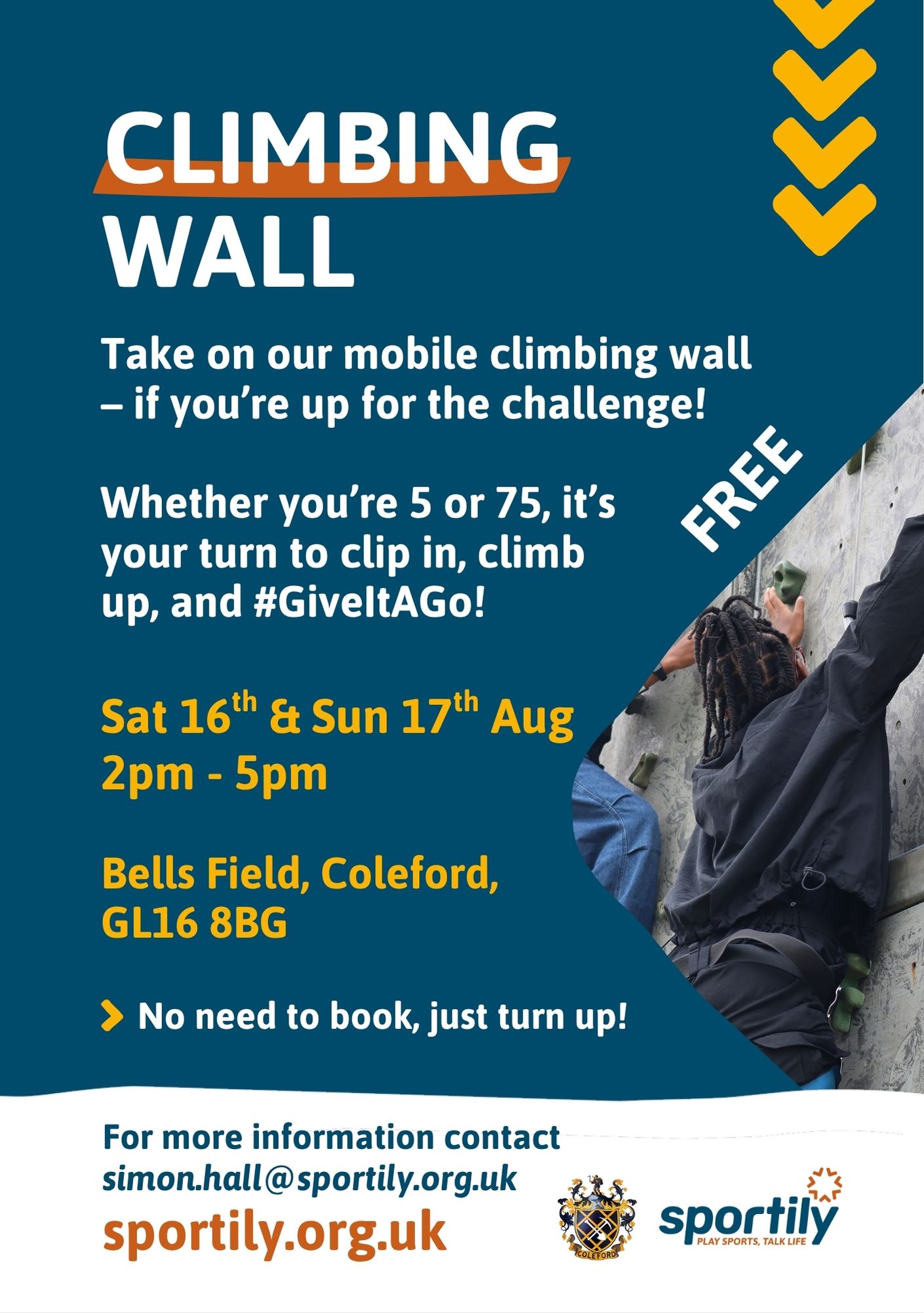 CLIMBING WALL COMING TO COLEFORD. Bells Field, Coleford. Saturday 16th & Sunday 17th August 2pm–5pm.